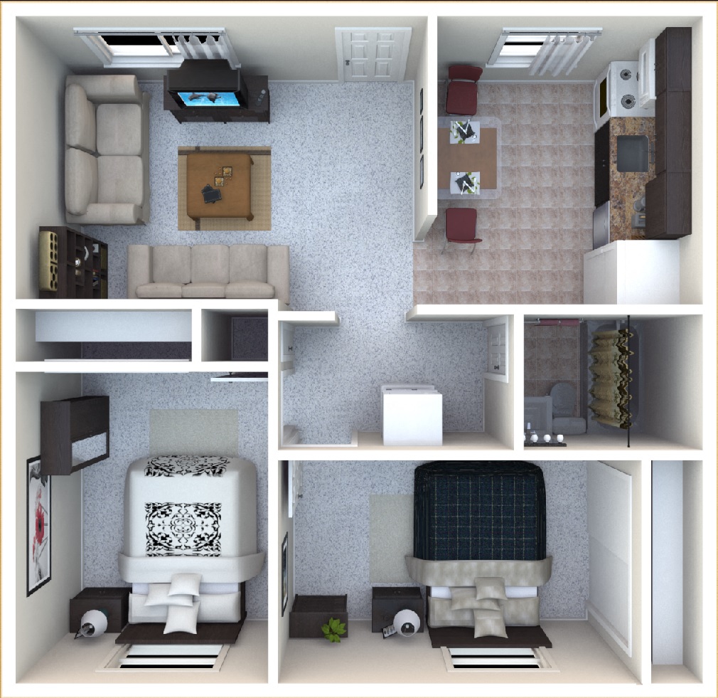 Floor plan for 2 beds, 1 bath, 998 sqft
